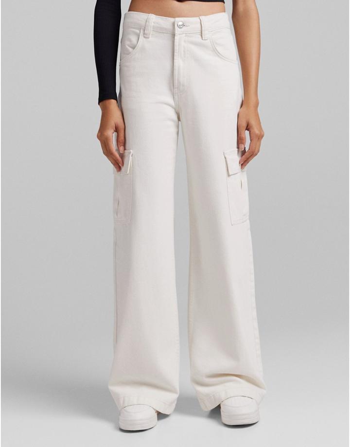 Bershka Cargo Wide Leg Pants In Cream-white