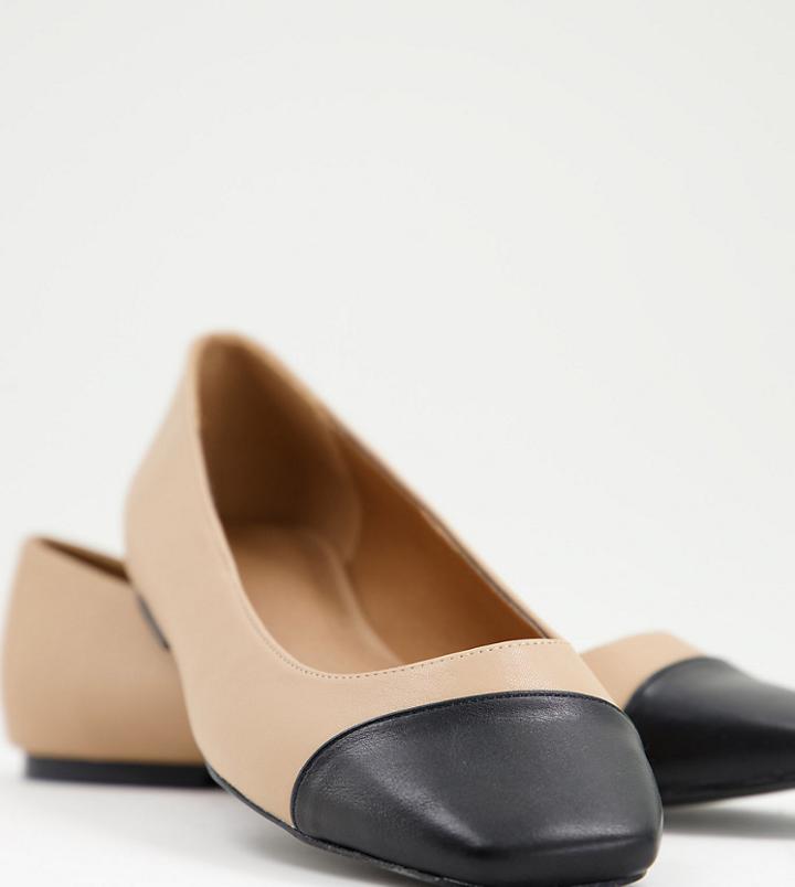 Asos Design Wide Fit Locket Square Toe Ballet Flats In Beige And Black-neutral