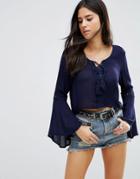 Love & Other Things Flare Sleeve Top With Crochet Detail - Blue