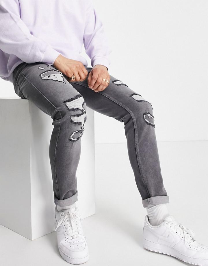 Topman Rip And Repair Stretch Skinny Jeans In Gray-grey