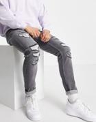 Topman Rip And Repair Stretch Skinny Jeans In Gray-grey