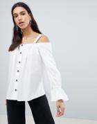 Asos Premium Cotton Off Shoulder Top With Contrast Buttons - White