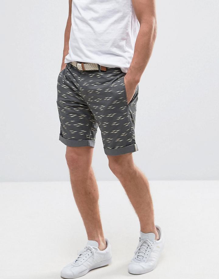 Bellfield Chino Shorts In Gull Print With Belt - Gray