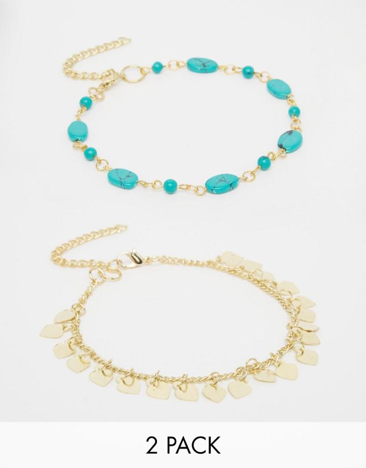 Asos Pack Of 2 Turquoise Bead And Triangle Anklets - Multi