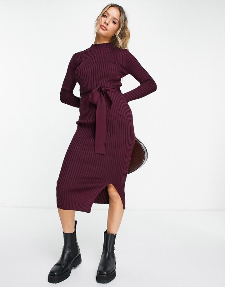 New Look Tie Waist Knitted Dress In Burgundy-red