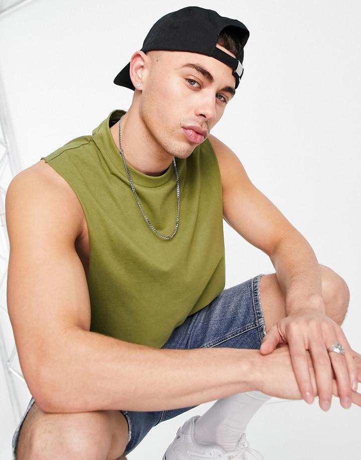 Asos Design Organic Relaxed Fit Tank In Khaki-green