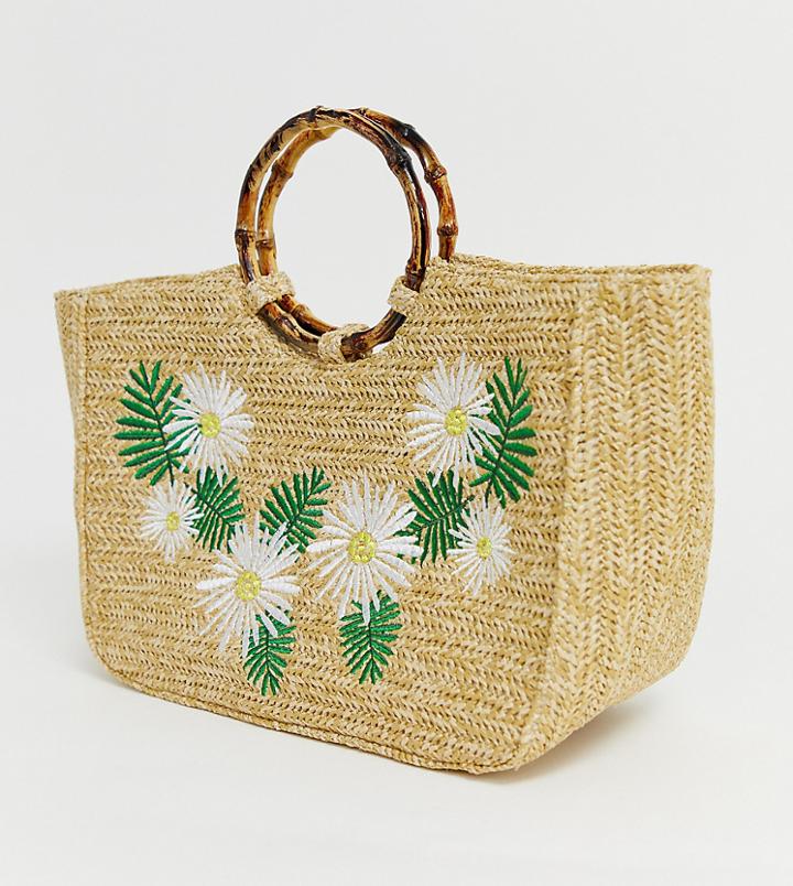 Skinnydip Kaia Straw Tote Bag With Bamboo Handle - Beige