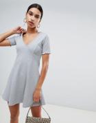 Asos Design V Neck Skater Mini Dress In Rib - Gray