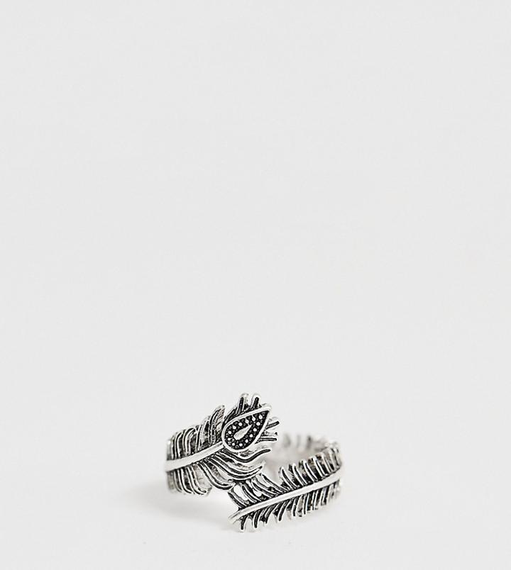 Asos Design Plus Peacock Feather Ring In Burnished Silver - Silver