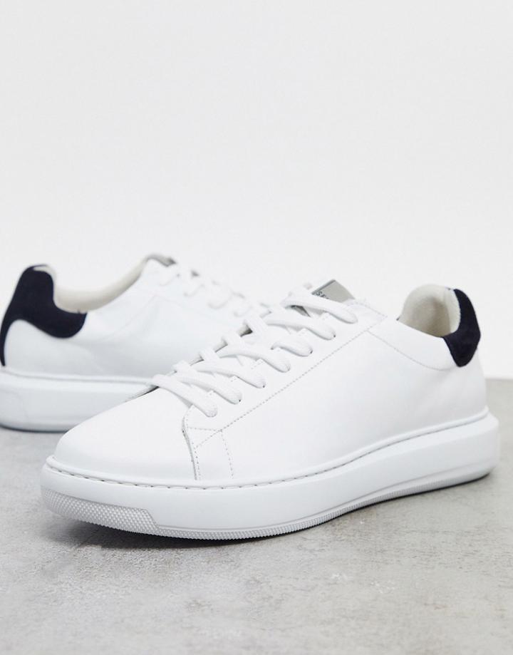 Selected Homme Premium Leather Sneakers With Chunky Sole & Contrast Back Tab-white