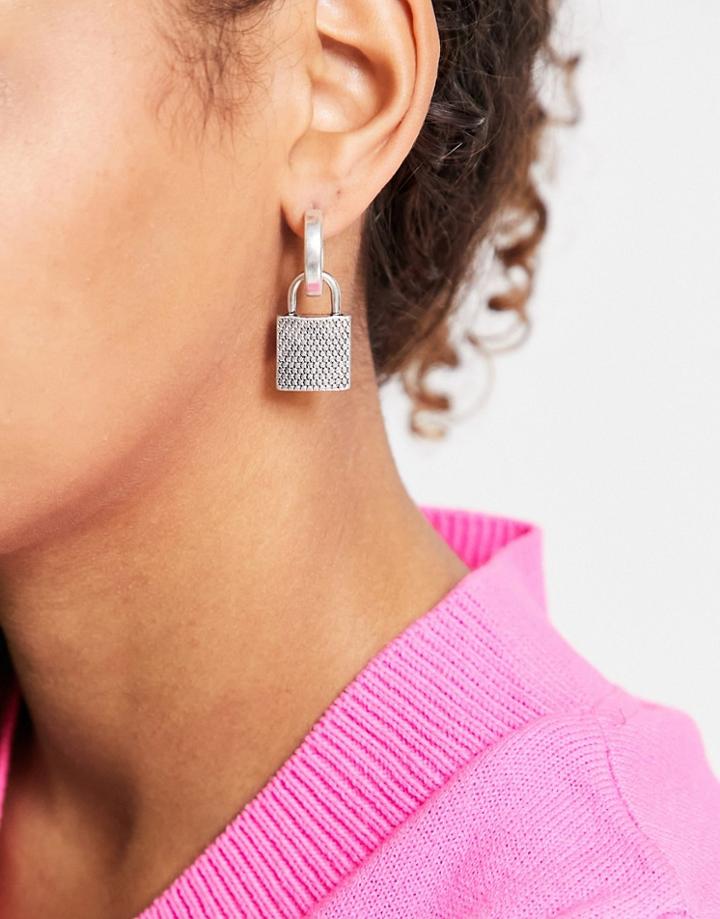 Topshop Padlock Drop Huggy Hoop Earrings In Silver