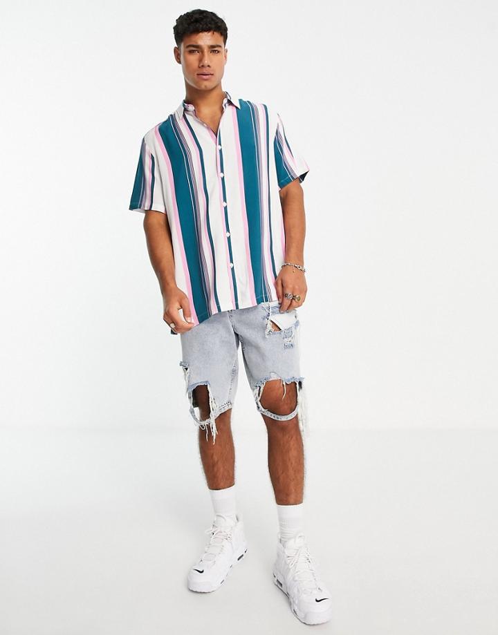 Asos Design Relaxed Stripe Shirt In White & Teal