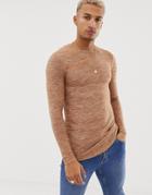 Asos Design Muscle Fit Longline Long Sleeve T-shirt With Curved Hem In Brushed Fabric In Tan