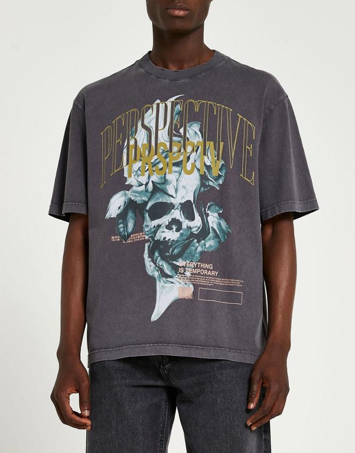 River Island Oversized T-shirt With Skull Print In Gray-grey