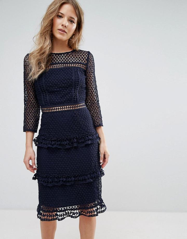 Liquorish Layered Lace 3/4 Sleeve Midi Dress - Navy