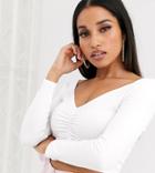Asos Design Petite Top With V-front And Back And Ruch Detail In White