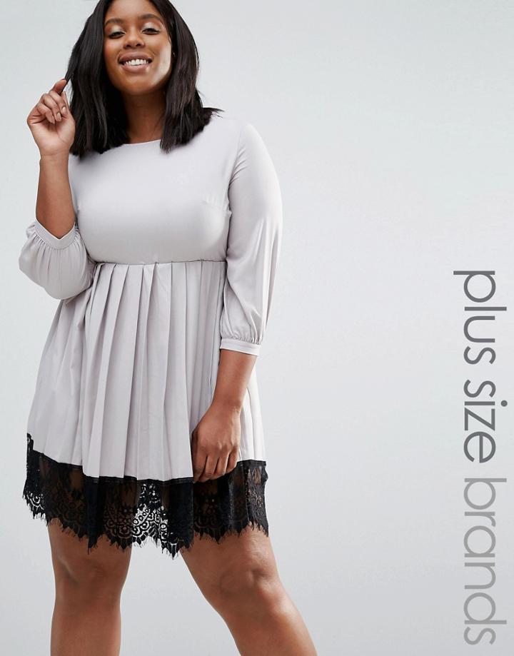 Praslin Plus Dress With Pleated Skirt And Lace Hem - Gray