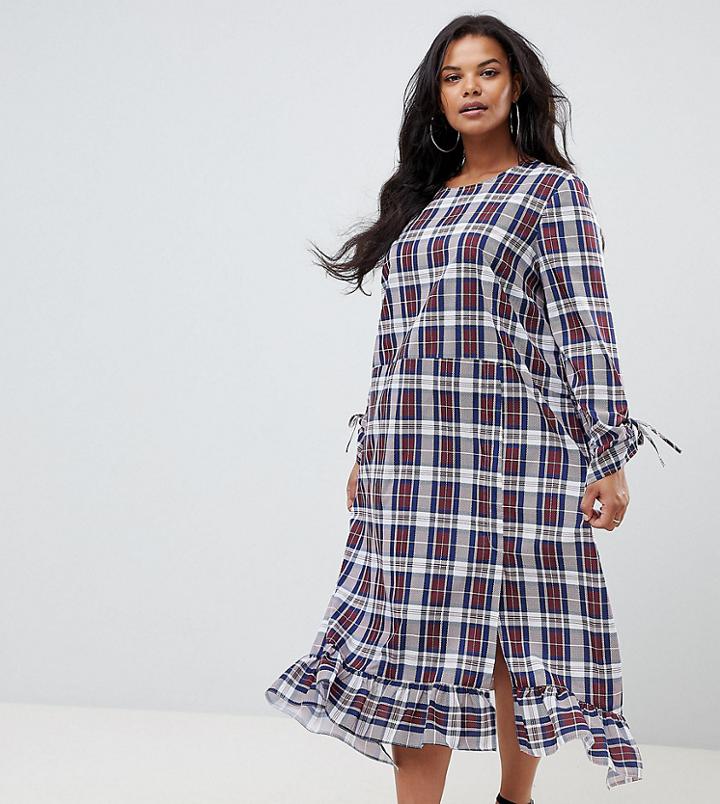 Asos Design Curve Ruffle Hem Midi Dress In Check - Multi