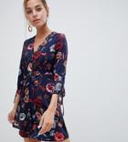 Vero Moda Petite Button Through Floral Mini Dress In Navy-multi