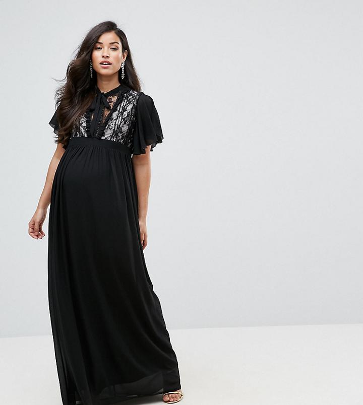 Tfnc Maternity Highneck Maxi Dress With Top Lace Insert-black