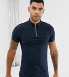 Asos Design Tall Organic Muscle Fit Jersey Polo With Zip Neck In Navy
