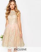 Chi Chi London Premium Metallic Lace Midi Prom Dress With Bardot Neck - Pink