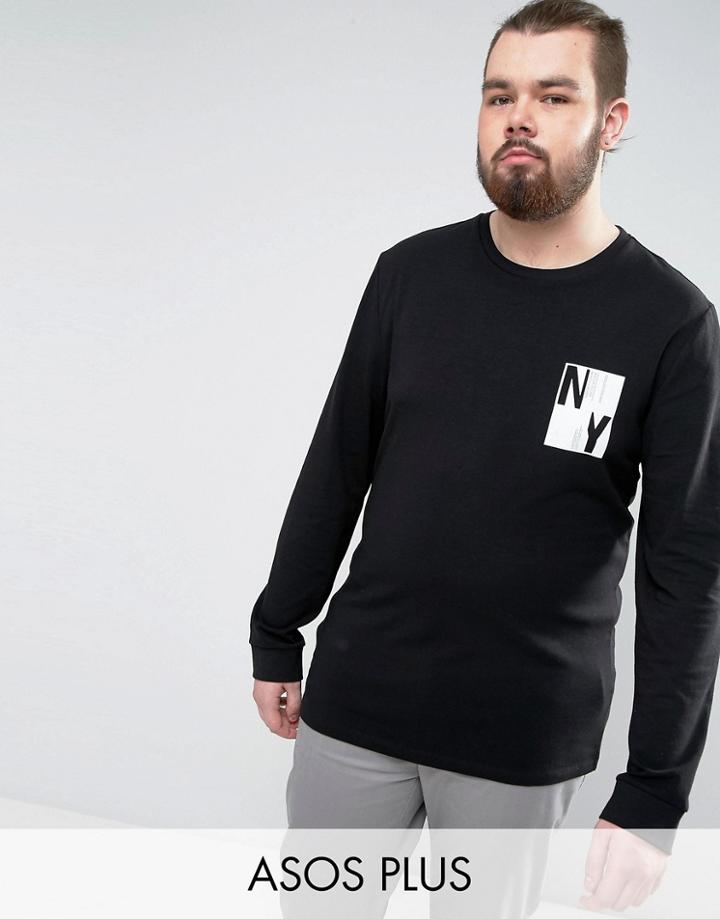 Asos Plus Longline Long Sleeve T-shirt With New York Chest Print - Black