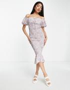 Love Triangle Puff Sleeve Shirred Midi Dress In Lilac Floral-purple