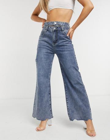 The Kript Wide Leg Jeans With Double Waistband In Vintage Wash-blues
