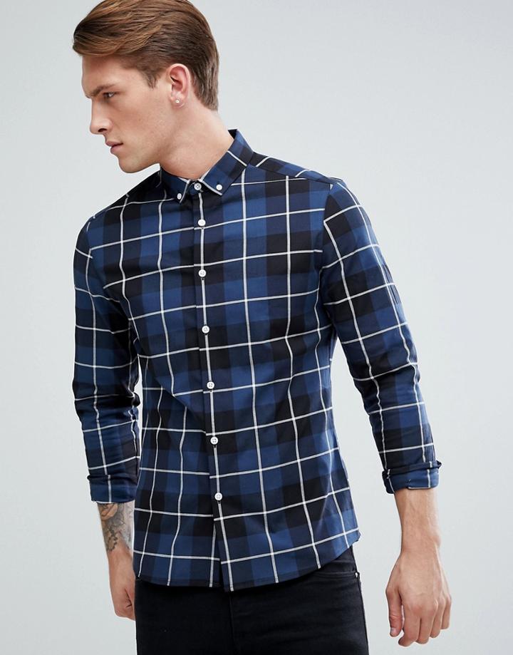 Asos Strech Slim Check Shirt In Blue - Navy