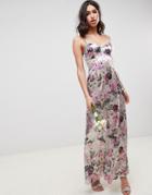 Asos Design Bridesmaid Cami Maxi Dress With Lace Insert In Pretty Floral Print - Multi