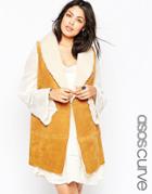 Asos Curve Sleeveless Mid Jacket In Suede With Shearling & Belt - Tan