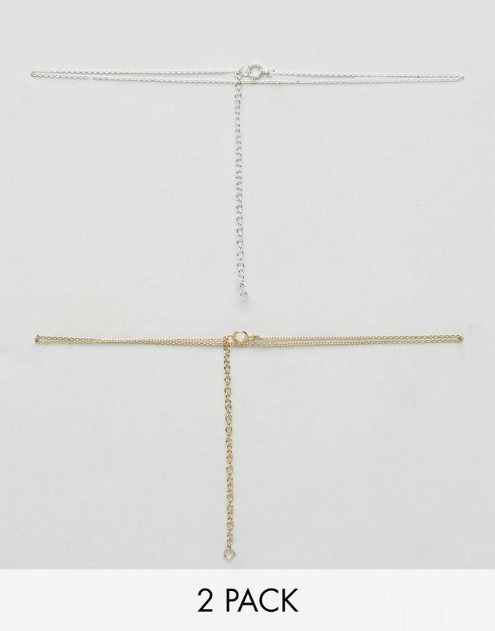 Asos Pack Of 2 Gold Pated And Sterling Silver Fine Choker Necklaces - Multi
