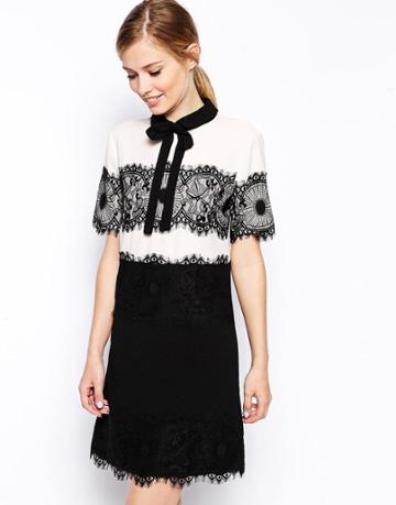 Asos Lace Panel Bow Collar Shift