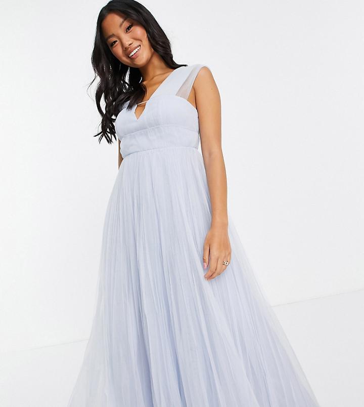 Asos Design Petite Tulle Plunge Maxi Dress With Shirred Sleeves In Powder Blue-blues