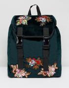 Asos Backpack In Green Velvet With Floral Embroidered Patches - Green