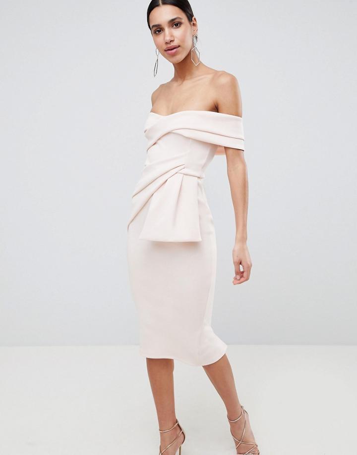 Asos Design Bardot Fold Wrap Front Midi Pencil Dress - Pink