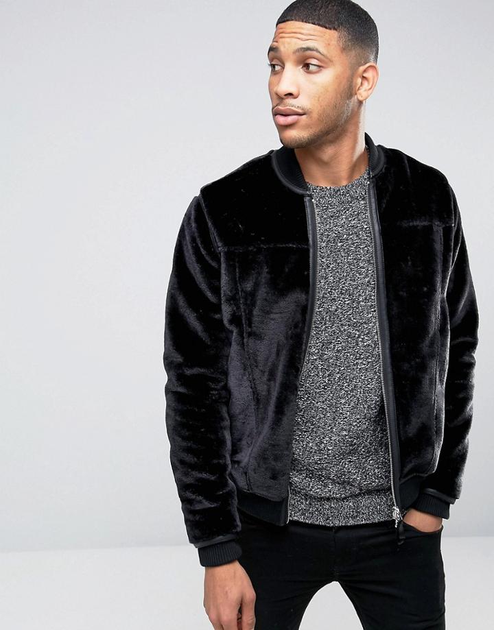Barneys Premium Faux Fur Trimmed Pocket Bomber Jacket - Black