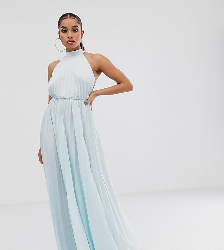 Asos Design Petite Exclusive Halter Waisted Pleated Maxi Dress-blue