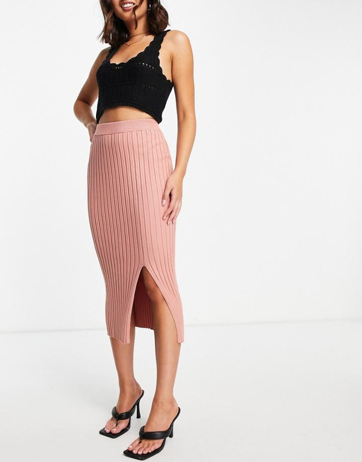 Monki Loa Ribbed Midi Skirt In Pink
