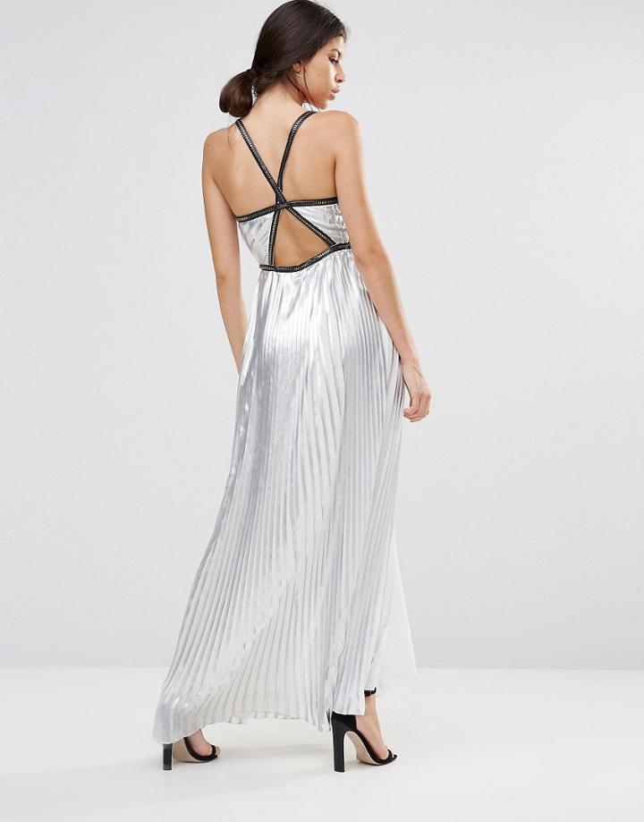 True Decadence Silver Metallic Pleated Maxi Dress - Silver
