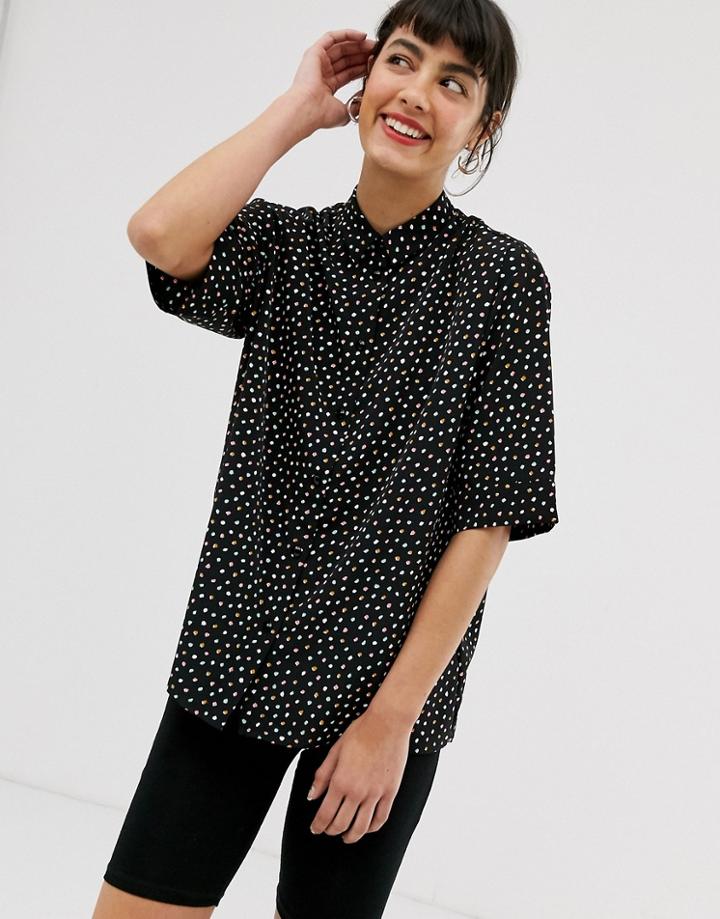 Monki Polka Dot Oversized Short Sleeve Shirt In Black