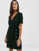Miss Selfridge Wrap Dress With Buttons In Polka Dot - Black