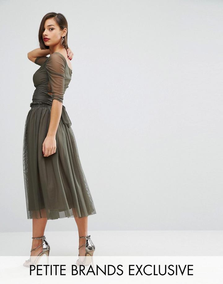 John Zack Petite Tulle Midi Skirt With Frill Waist Band - Green