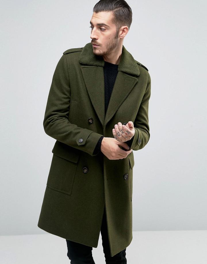 Asos Wool Mix Overcoat Wih Fleece Collar - Green