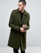 Asos Wool Mix Overcoat Wih Fleece Collar - Green