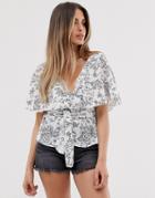 Asos Design Short Sleeve Sheer Wrap Top With Cape Detail In Floral Print - Multi