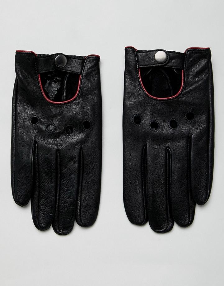 Asos Design Leather Touchscreen Driving Gloves In Black With Red Piping