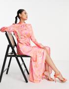 Asos Design High Neck Maxi Satin Tea Dress In Swirl Print-multi