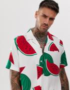 Asos Design Relaxed Shirt With Watermelon Print - White